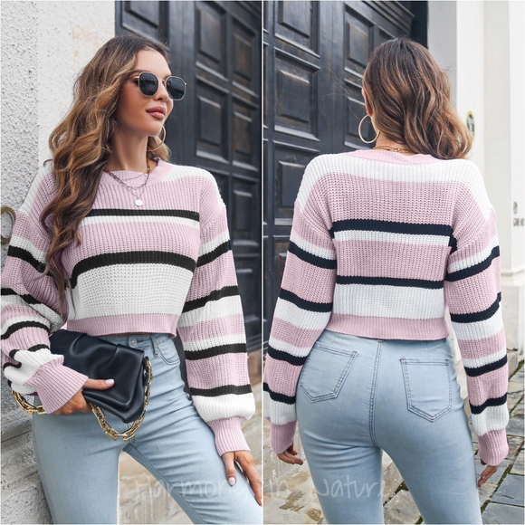 Stripe It Up Cropped Sweater - Pink - Picture 3 of 7
